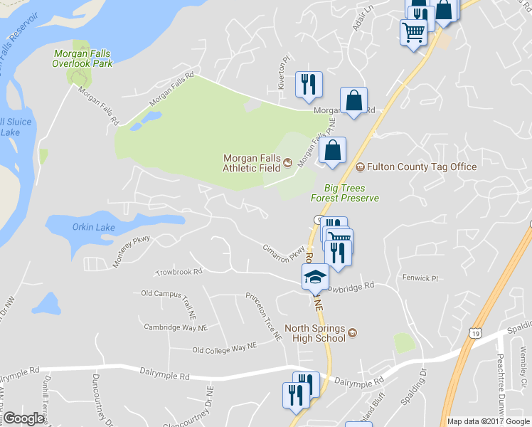 map of restaurants, bars, coffee shops, grocery stores, and more near 8106 Santa Fe Parkway in Sandy Springs