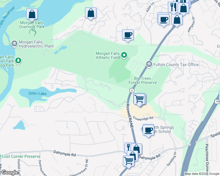 map of restaurants, bars, coffee shops, grocery stores, and more near 8103 Santa Fe Parkway in Sandy Springs