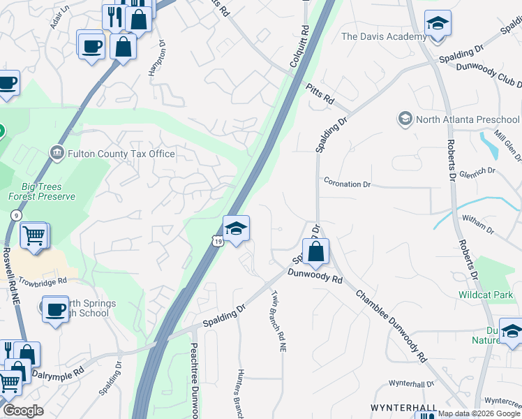 map of restaurants, bars, coffee shops, grocery stores, and more near 7620 Auden Trail in Atlanta