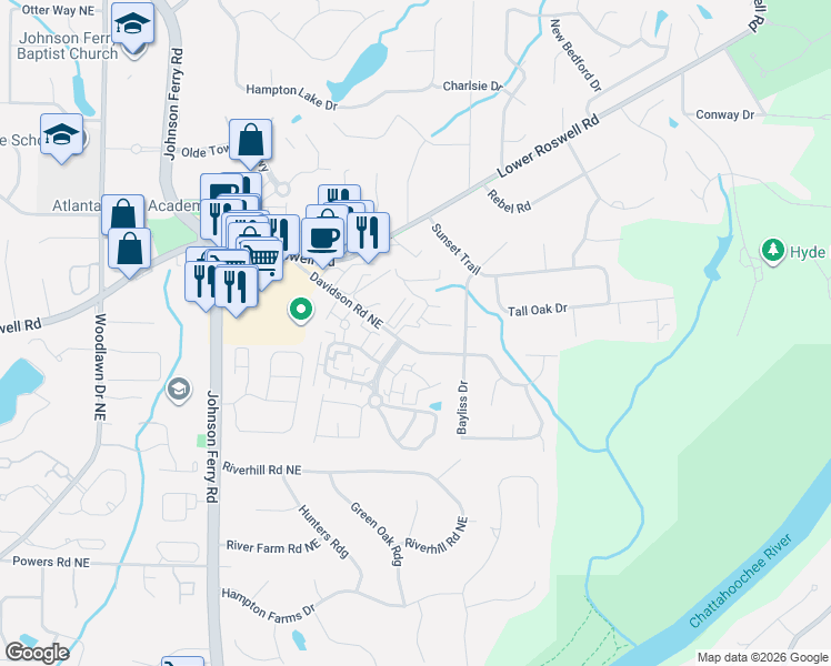 map of restaurants, bars, coffee shops, grocery stores, and more near 5109 Davidson Road Northeast in Marietta