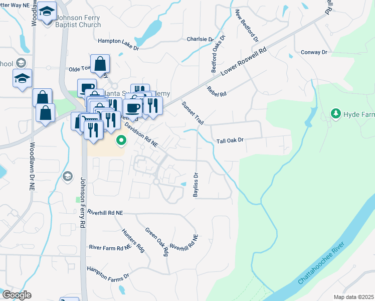 map of restaurants, bars, coffee shops, grocery stores, and more near 605 Parkaire Crossing in Marietta