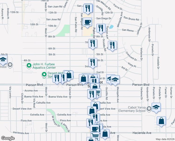 map of restaurants, bars, coffee shops, grocery stores, and more near 66445 2nd Street in Desert Hot Springs