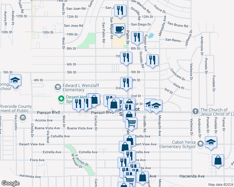 map of restaurants, bars, coffee shops, grocery stores, and more near 66414 2nd Street in Desert Hot Springs