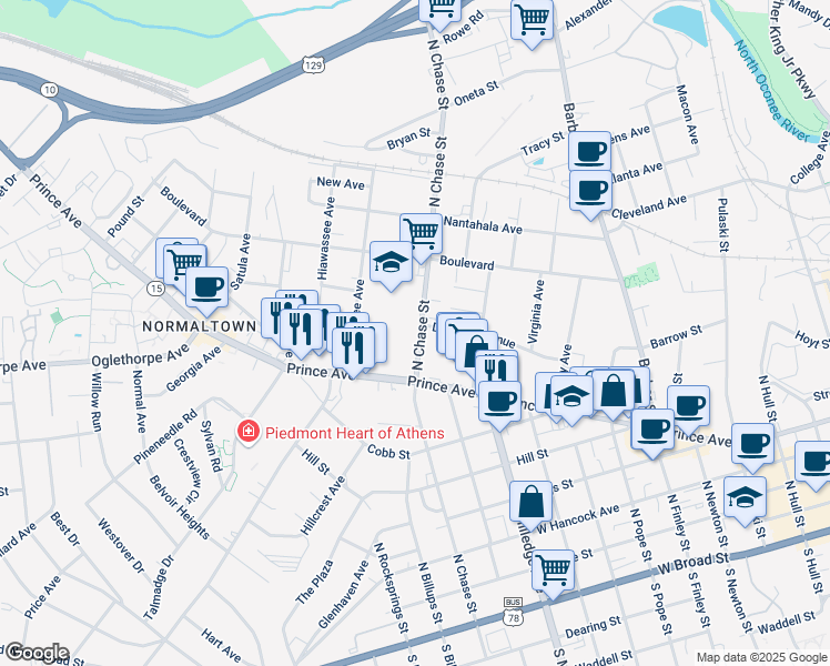map of restaurants, bars, coffee shops, grocery stores, and more near 1022 Prince Ave in Athens