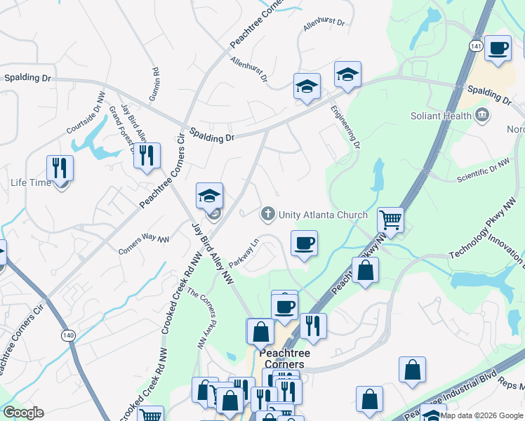 map of restaurants, bars, coffee shops, grocery stores, and more near 3577 Monticello Commons in Norcross