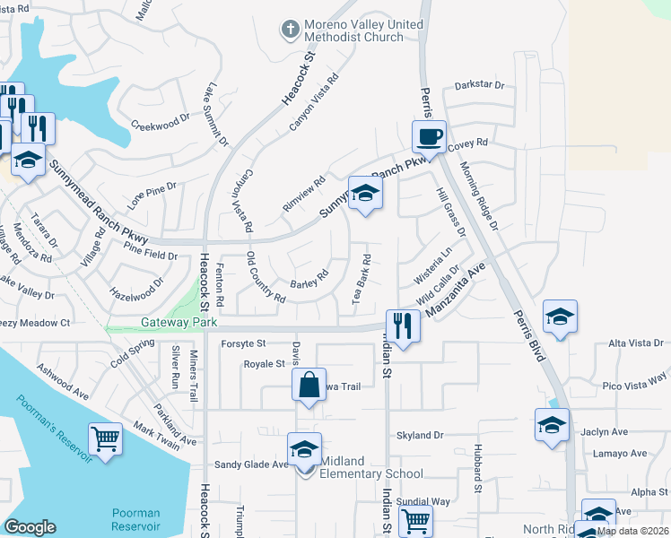 map of restaurants, bars, coffee shops, grocery stores, and more near 10891 Tea Bark Road in Moreno Valley