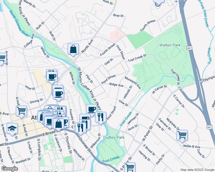 map of restaurants, bars, coffee shops, grocery stores, and more near 216 Pearl Street in Athens