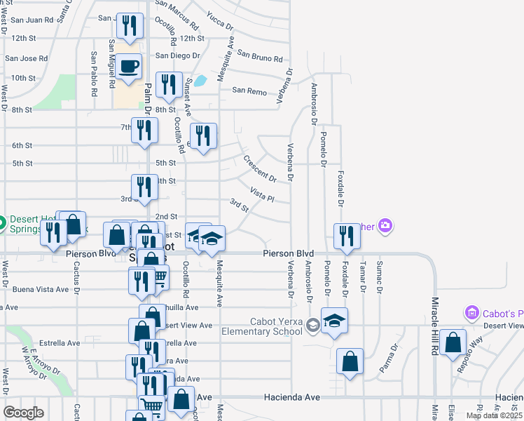 map of restaurants, bars, coffee shops, grocery stores, and more near 66895 3rd Street in Desert Hot Springs
