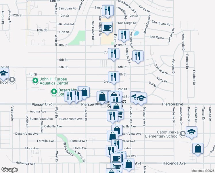 map of restaurants, bars, coffee shops, grocery stores, and more near 66445 2nd Street in Desert Hot Springs