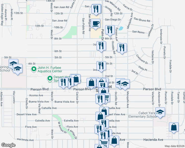 map of restaurants, bars, coffee shops, grocery stores, and more near 66375 2nd Street in Desert Hot Springs