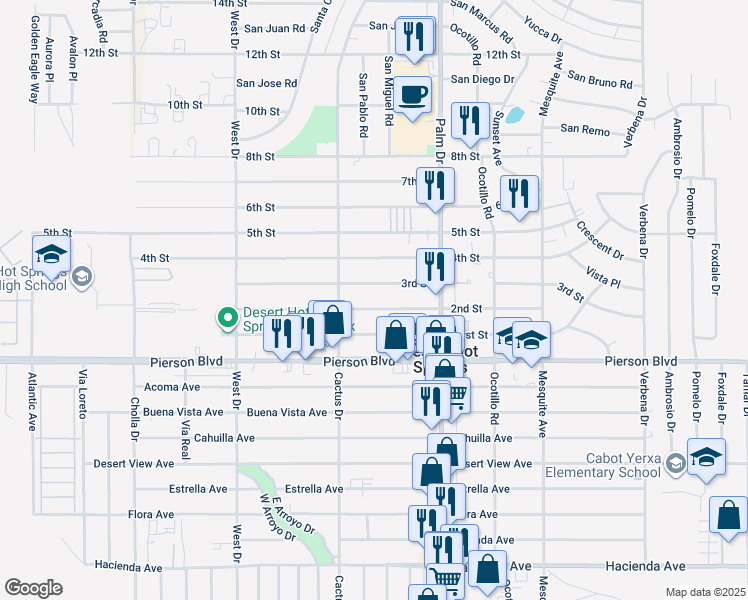 map of restaurants, bars, coffee shops, grocery stores, and more near 66375 2nd Street in Desert Hot Springs