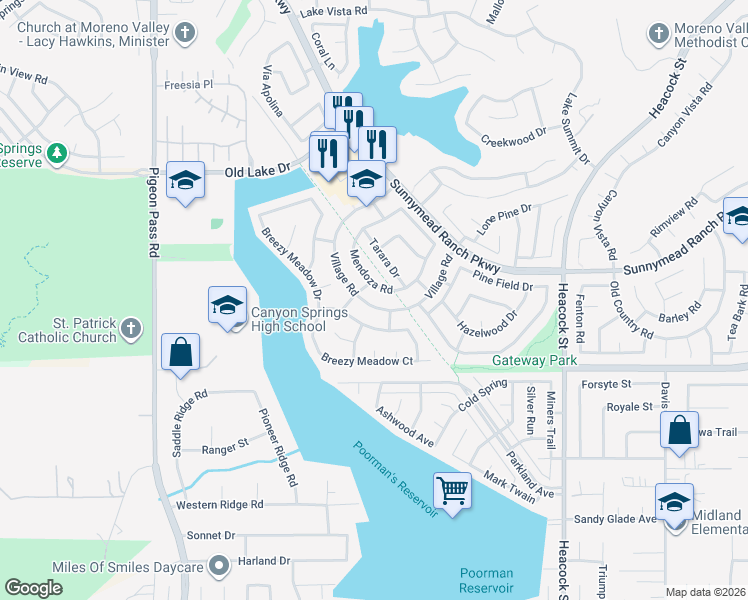 map of restaurants, bars, coffee shops, grocery stores, and more near 10817 Village Road in Moreno Valley