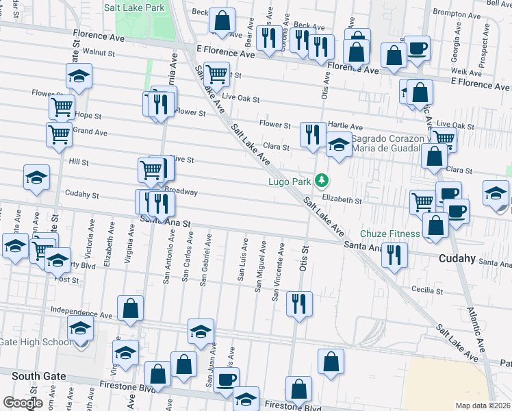 map of restaurants, bars, coffee shops, grocery stores, and more near 4006 Cudahy Street in Huntington Park