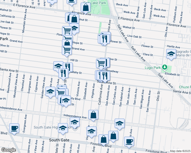 map of restaurants, bars, coffee shops, grocery stores, and more near 8121 California Avenue in South Gate