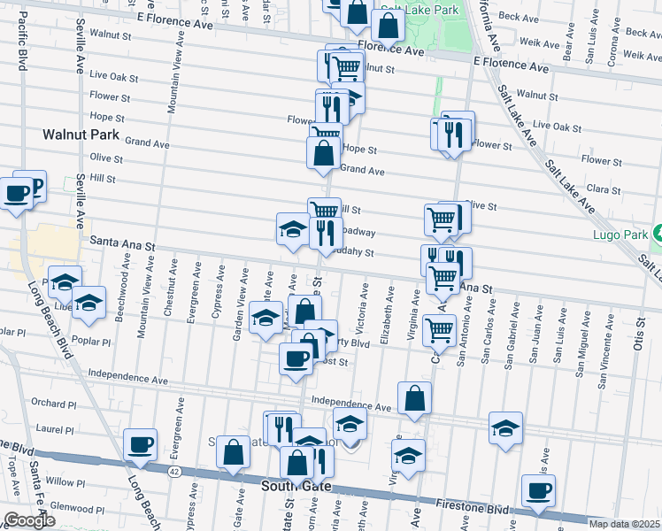 map of restaurants, bars, coffee shops, grocery stores, and more near 3250 Santa Ana Street in South Gate