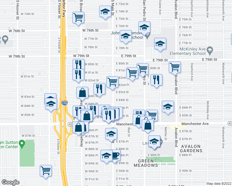 map of restaurants, bars, coffee shops, grocery stores, and more near 103 East 84th Street in Los Angeles