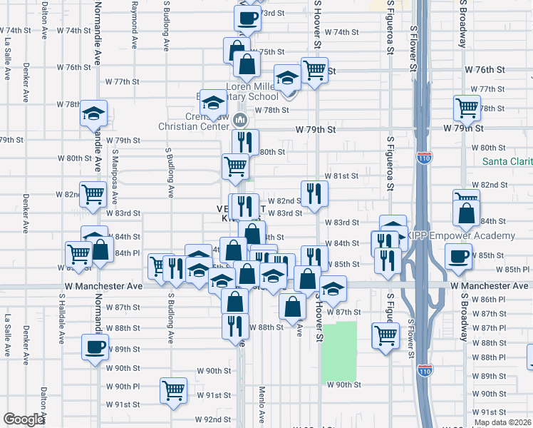 map of restaurants, bars, coffee shops, grocery stores, and more near 918 West 83rd Street in Los Angeles