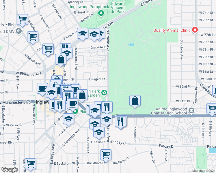 map of restaurants, bars, coffee shops, grocery stores, and more near 667 East Queen Street in Inglewood