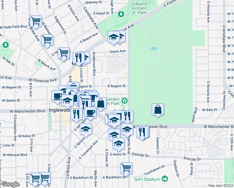 map of restaurants, bars, coffee shops, grocery stores, and more near 637 East Queen Street in Inglewood