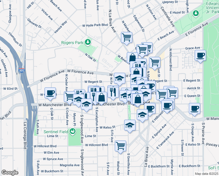 map of restaurants, bars, coffee shops, grocery stores, and more near 201 West Queen Street in Inglewood
