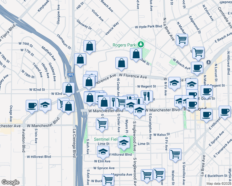map of restaurants, bars, coffee shops, grocery stores, and more near 517 West Queen Street in Inglewood