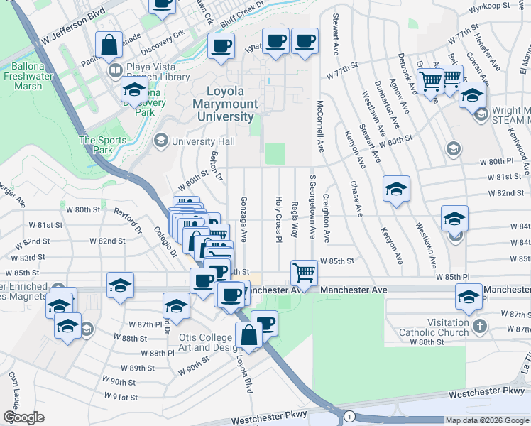 map of restaurants, bars, coffee shops, grocery stores, and more near 8303 Holy Cross Place in Los Angeles