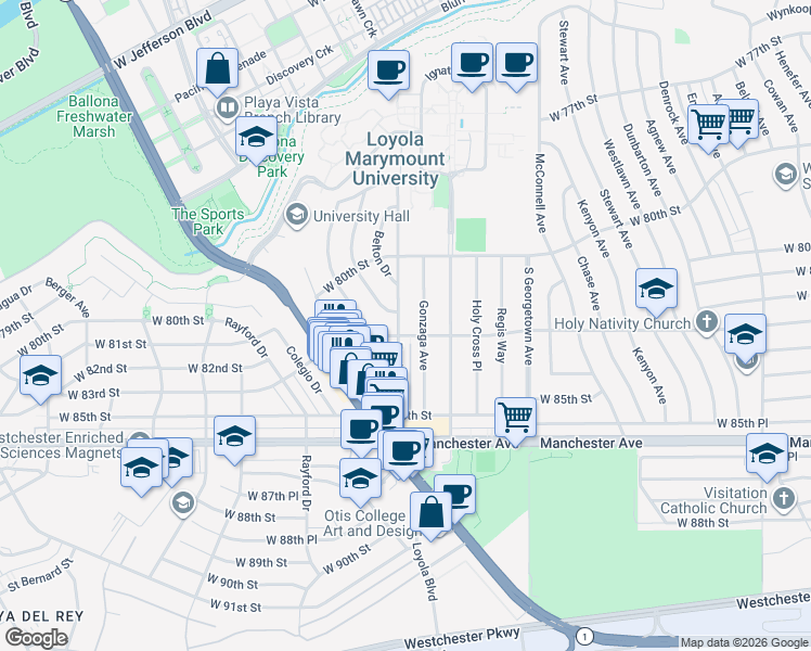 map of restaurants, bars, coffee shops, grocery stores, and more near 8309 Fordham Road in Los Angeles