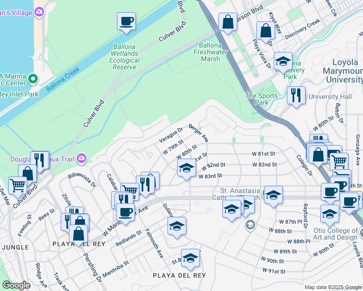 map of restaurants, bars, coffee shops, grocery stores, and more near 7831 West 80th Street in Los Angeles