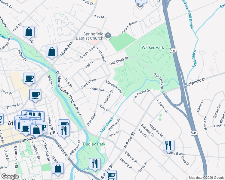 map of restaurants, bars, coffee shops, grocery stores, and more near 210 Hillside Street in Athens