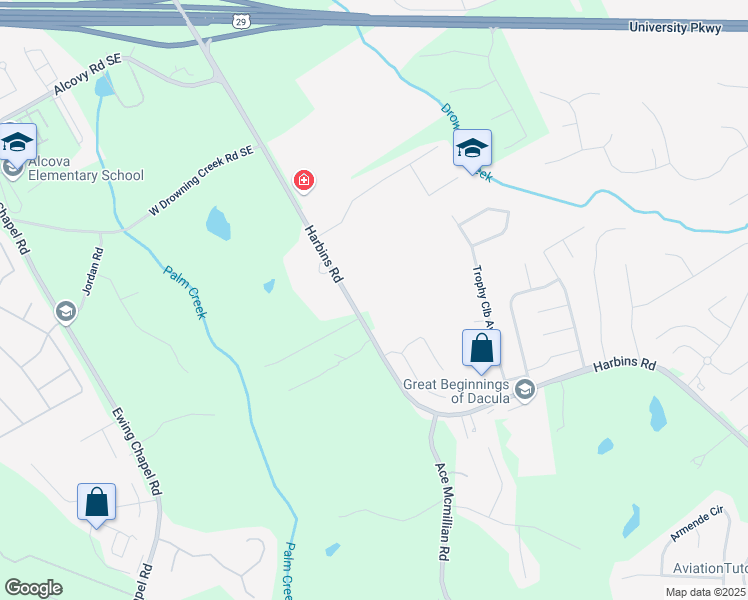 map of restaurants, bars, coffee shops, grocery stores, and more near 1112 Harbins Road in Dacula