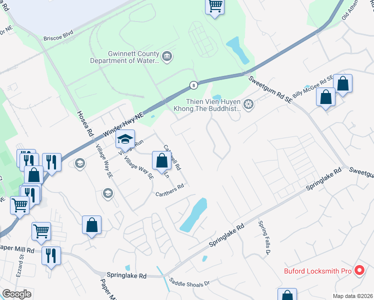 map of restaurants, bars, coffee shops, grocery stores, and more near 109 Amelia Creek Way Southeast in Lawrenceville