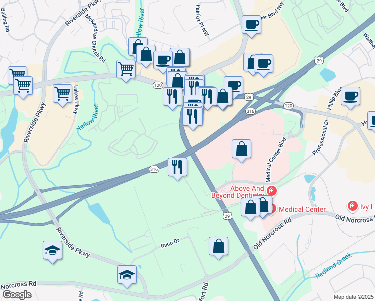 map of restaurants, bars, coffee shops, grocery stores, and more near 0 Lawrenceville-Suwanee Road in Lawrenceville