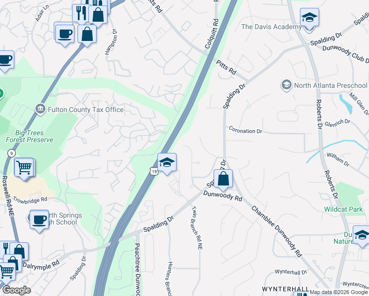 map of restaurants, bars, coffee shops, grocery stores, and more near 7620 Auden Trail in Atlanta