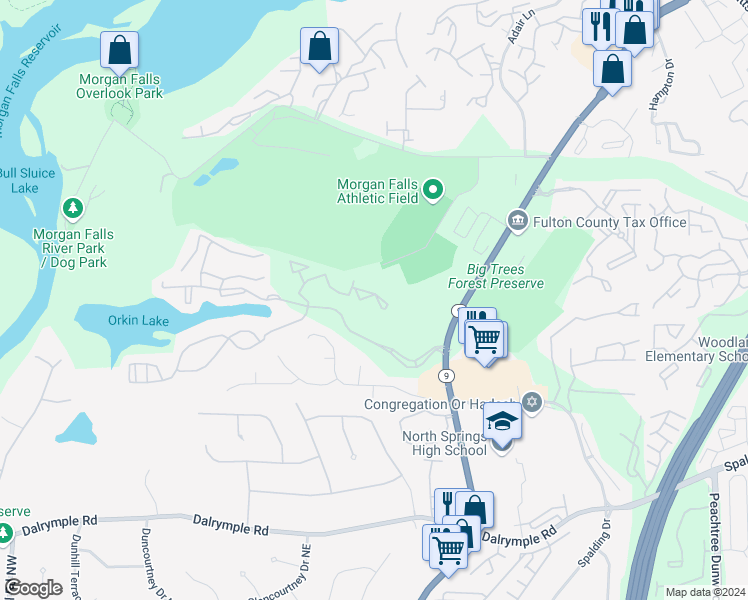 map of restaurants, bars, coffee shops, grocery stores, and more near 7303 Santa Fe Parkway in Sandy Springs