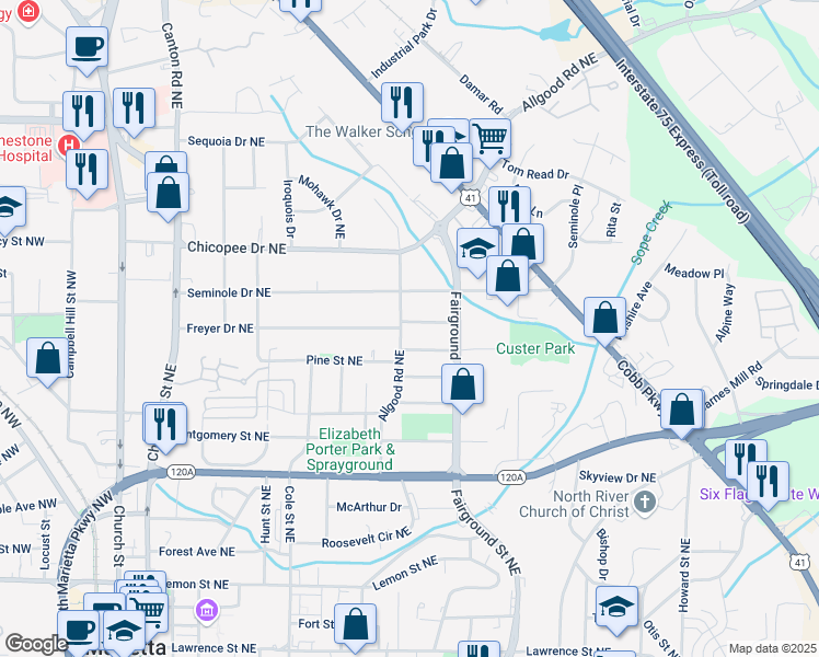 map of restaurants, bars, coffee shops, grocery stores, and more near 502 Allgood Road Northeast in Marietta