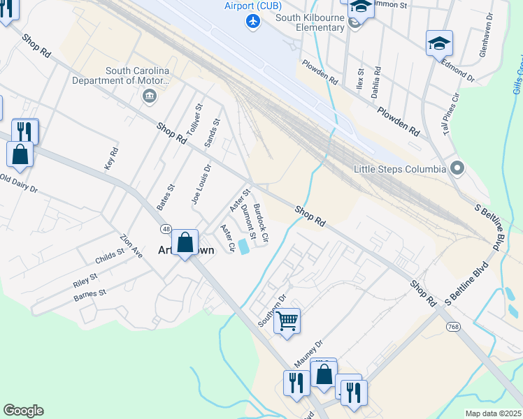 map of restaurants, bars, coffee shops, grocery stores, and more near 30 Burdock Circle in Columbia