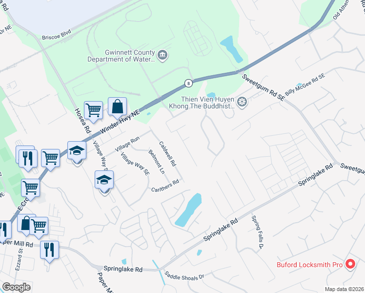 map of restaurants, bars, coffee shops, grocery stores, and more near 109 Amelia Creek Way Southeast in Lawrenceville