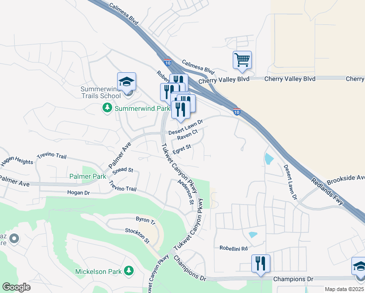map of restaurants, bars, coffee shops, grocery stores, and more near 991 Heron Court in Calimesa