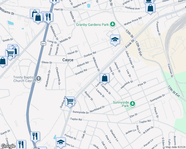 map of restaurants, bars, coffee shops, grocery stores, and more near 1515 Frink Street in Cayce