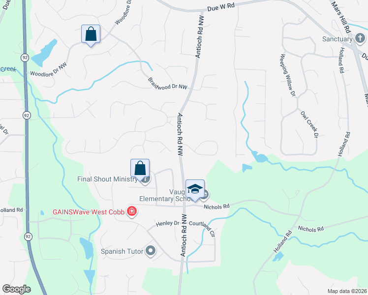 map of restaurants, bars, coffee shops, grocery stores, and more near 5609 Lavender Farms Road in Powder Springs