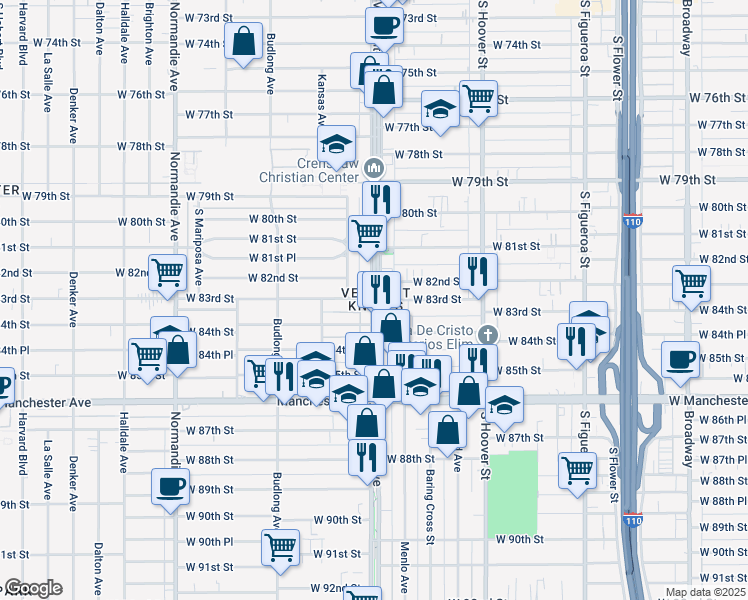 map of restaurants, bars, coffee shops, grocery stores, and more near South Vermont Avenue & West 83rd Street in Los Angeles