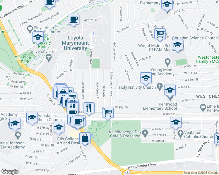 map of restaurants, bars, coffee shops, grocery stores, and more near 7001 West 83rd Street in Los Angeles