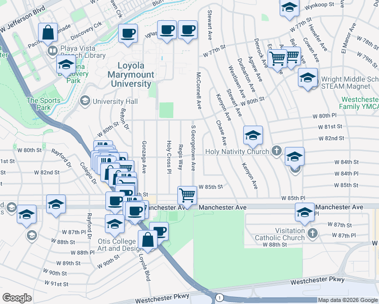 map of restaurants, bars, coffee shops, grocery stores, and more near 7001 West 83rd Street in Los Angeles