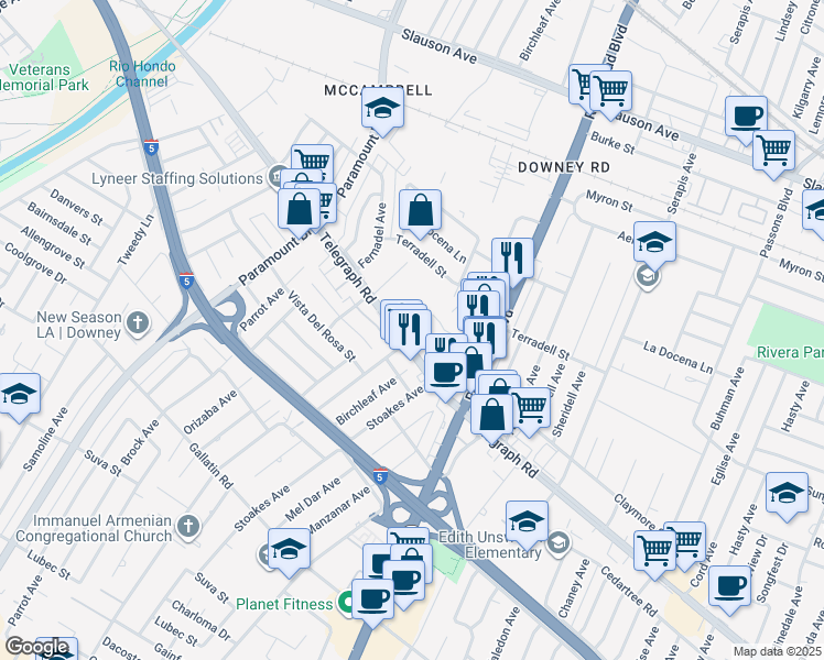 map of restaurants, bars, coffee shops, grocery stores, and more near 8405 Telegraph Road in Pico Rivera
