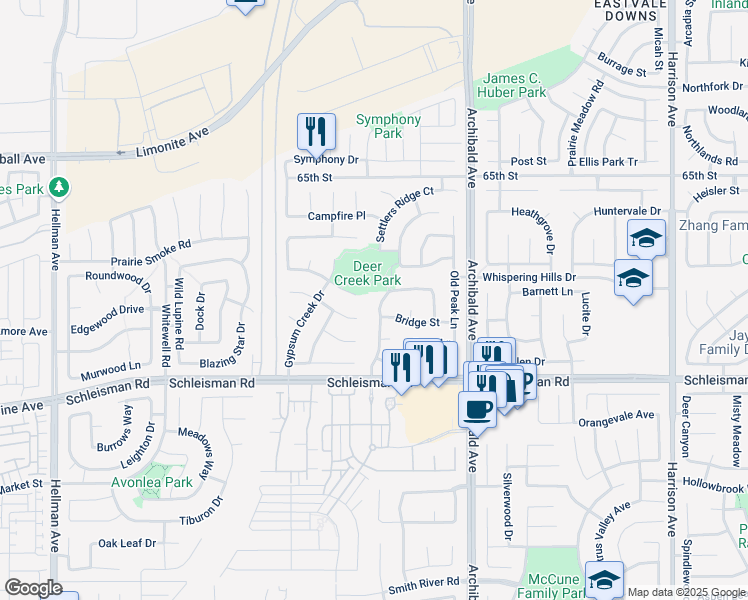 map of restaurants, bars, coffee shops, grocery stores, and more near 14371 Bridge Street in Corona