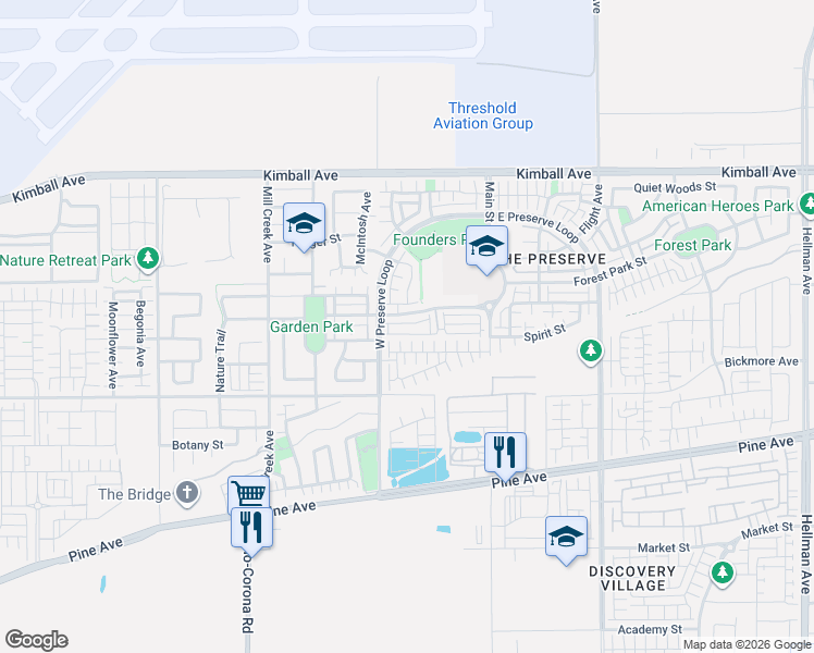 map of restaurants, bars, coffee shops, grocery stores, and more near 8149 Inventor Street in Chino
