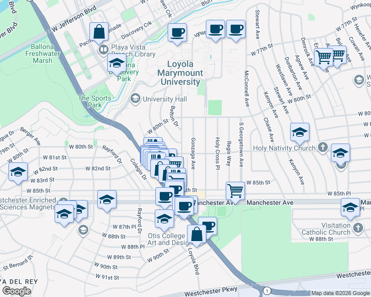 map of restaurants, bars, coffee shops, grocery stores, and more near 8309 Fordham Road in Los Angeles