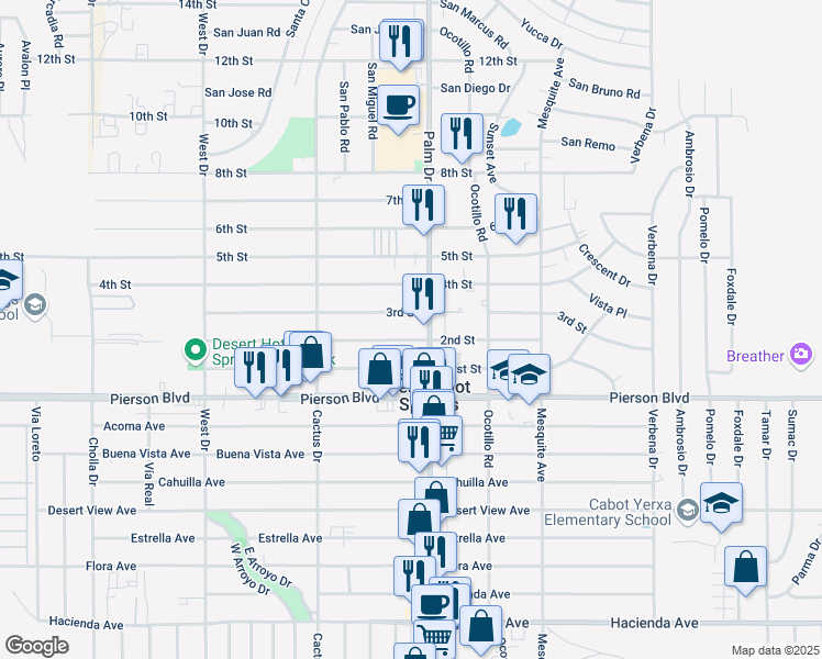 map of restaurants, bars, coffee shops, grocery stores, and more near 66456 2nd Street in Desert Hot Springs