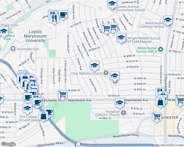 map of restaurants, bars, coffee shops, grocery stores, and more near 8227 Stewart Avenue in Los Angeles