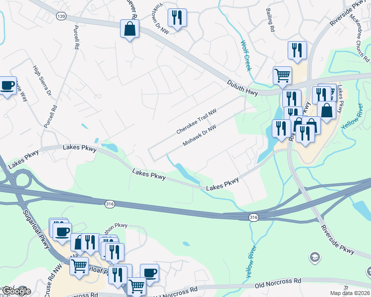 map of restaurants, bars, coffee shops, grocery stores, and more near 1430 Mohawk Drive Northwest in Lawrenceville